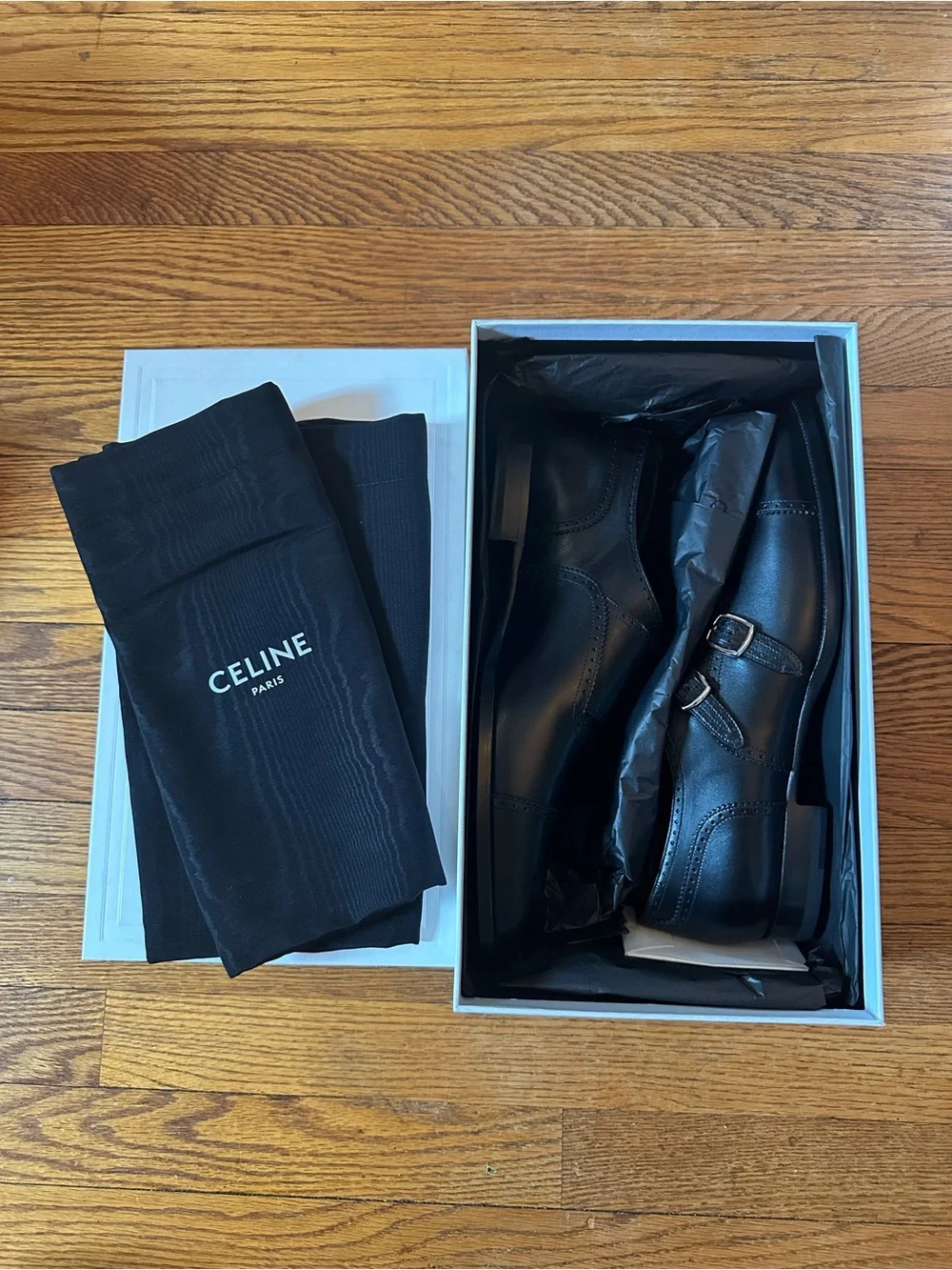 Celine Black Leather Double Monk Strap Oxfords